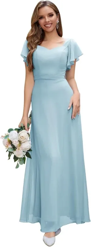 Women's Puffy Sleeve Bridesmaid Dresses Long Chiffon V Neck A Line Formal Evening Party Dresses Backless