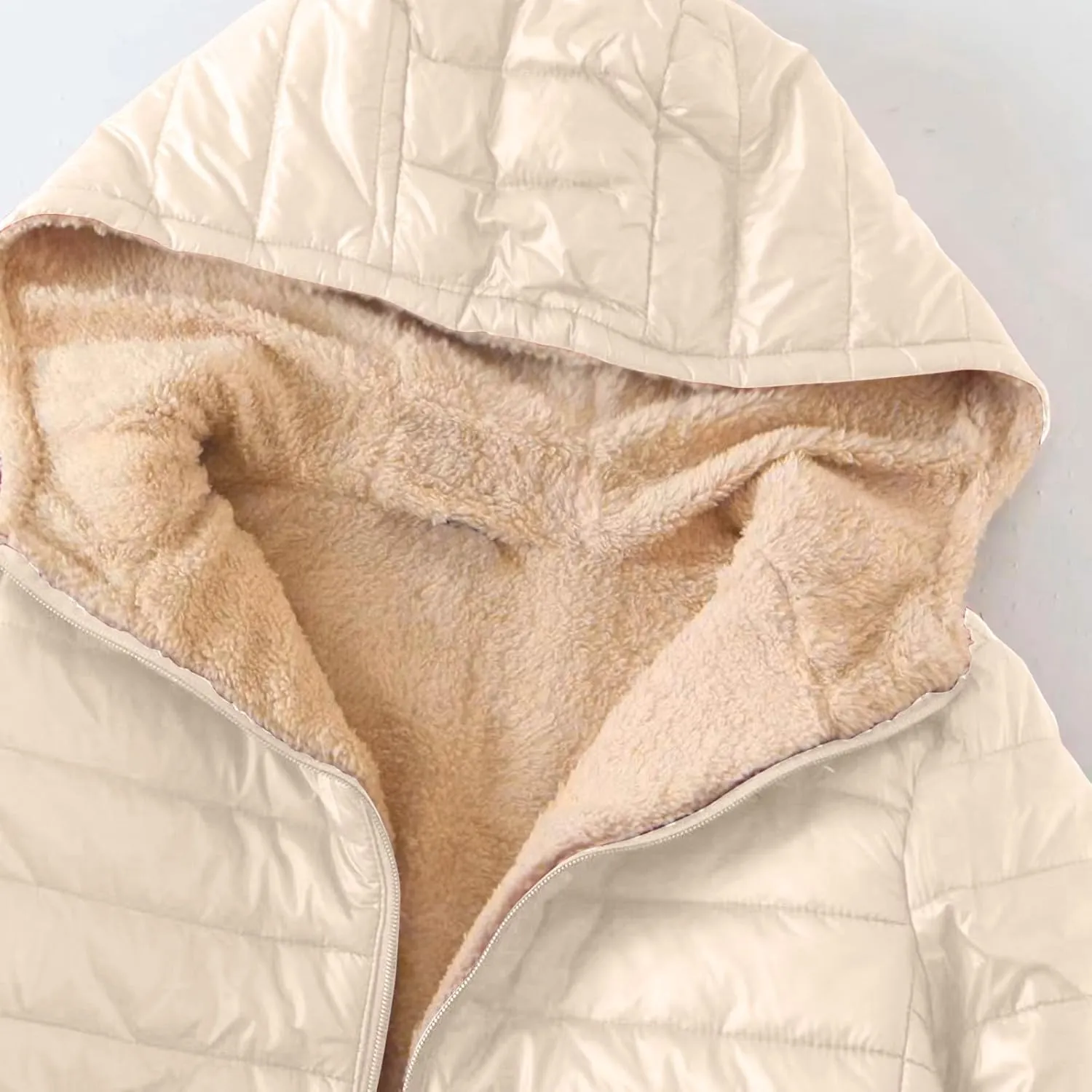 Womens Quilted Jackets Fleece Lined Zip Up Hoodie Jacket Padded Cotton Winter Lamb Coat Warm Sweater Coats