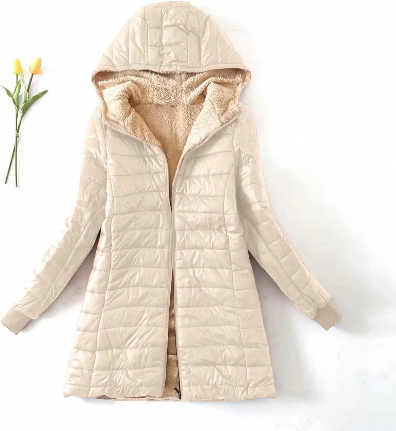 Womens Quilted Jackets Fleece Lined Zip Up Hoodie Jacket Padded Cotton Winter Lamb Coat Warm Sweater Coats