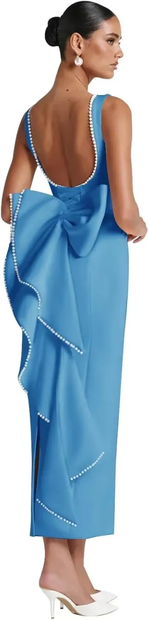 Womens Satin Wedding Dresses 2025 Midi Pearl Prom Cocktail Gown with Bow
