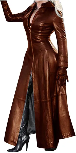 Womens Sexy Faux Leather Jackets Trendy Zip Up Trench Coats Fall Winter Plus Size Outerwear Long Windbreaker Coat