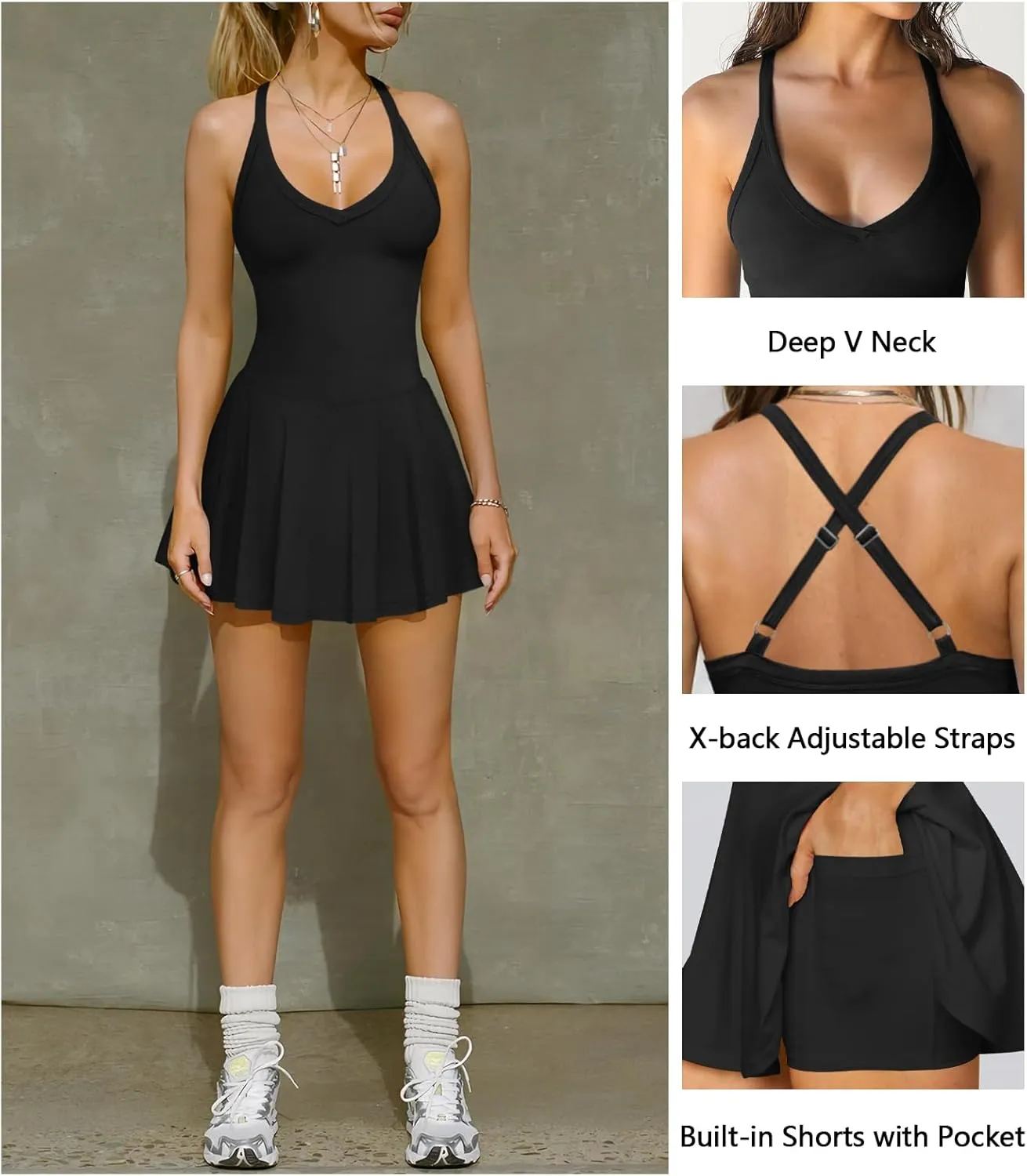 Women's Sexy V Neck Pleated Flowy Tennis Dress for Women Athletic Golf Workout Summer Mini Dresses with Shorts Pockets
