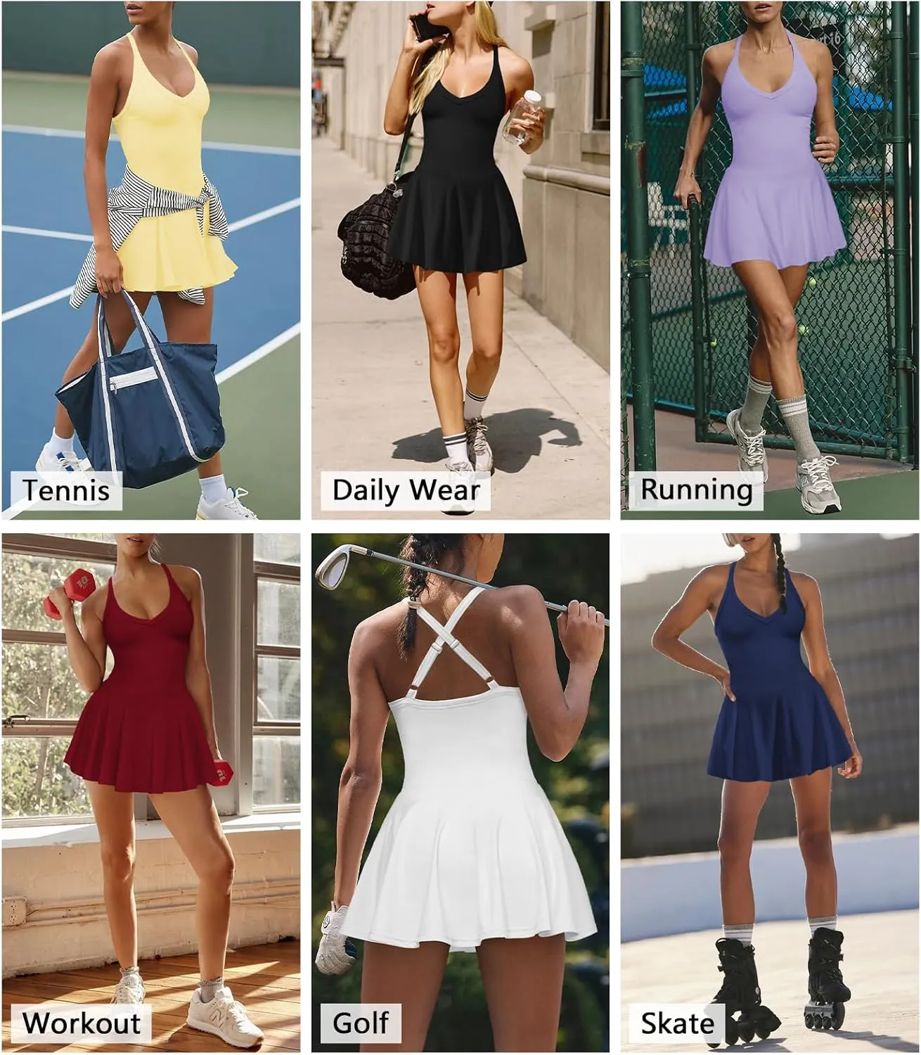 Women's Sexy V Neck Pleated Flowy Tennis Dress for Women Athletic Golf Workout Summer Mini Dresses with Shorts Pockets