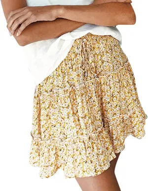 Women's Short Skirt Summer Drawstring Waist Ruffle Skirt Floral Print Swing Beach Mini Dress (S, Gold)