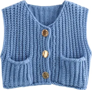 Women's Sleeveless Chunky Knit Top Casual Cropped Button Down Sweater Vest Open Front Cardigan with Pockets