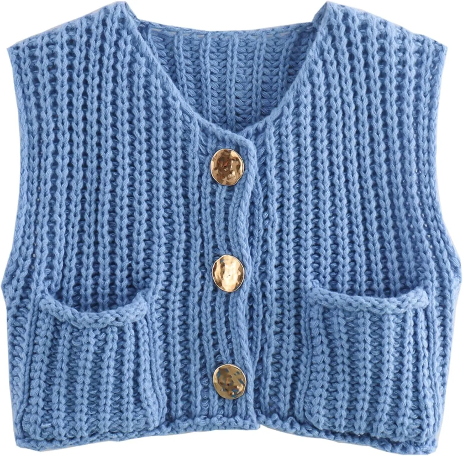Women's Sleeveless Chunky Knit Top Casual Cropped Button Down Sweater Vest Open Front Cardigan with Pockets