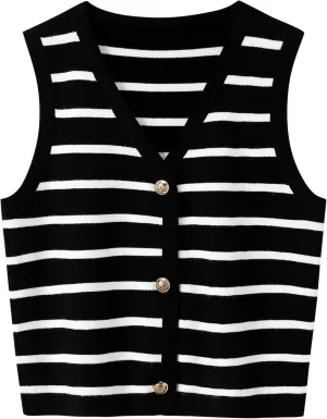 Women's Sleeveless Striped Sweater Vest Cropped Button Down Knit Vest Tops 2025 Trendy Outfits