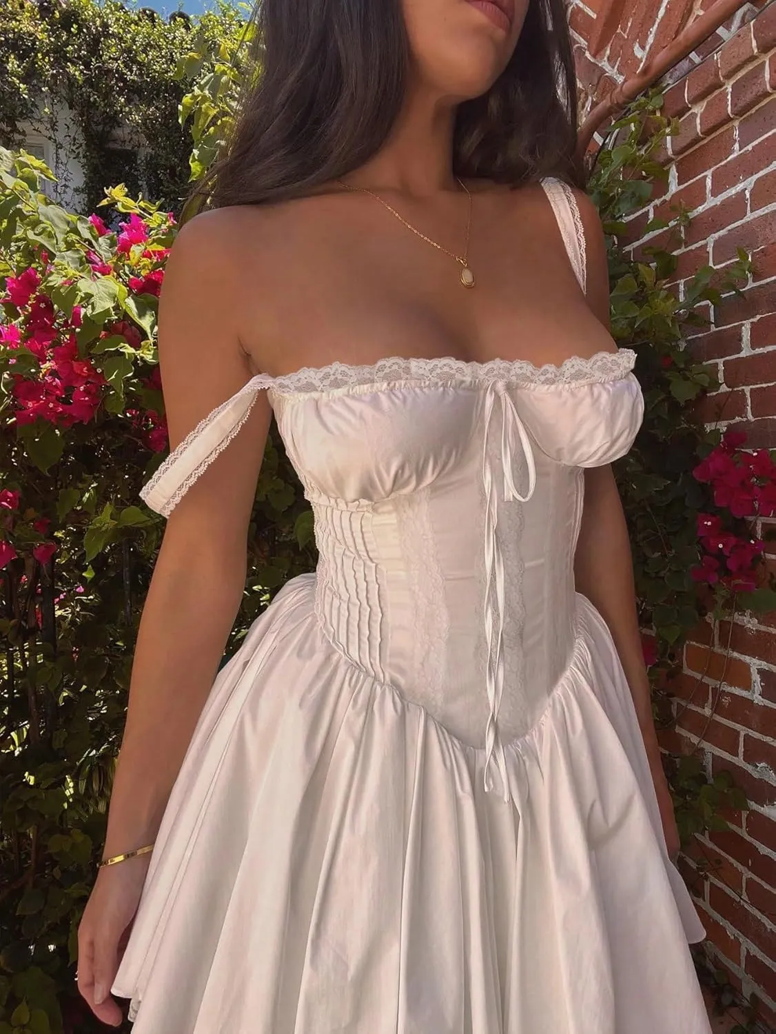 Women's Square Neck Spaghetti Strap Lace Dress Corset White A-Line Flare Boho Dress Party Club Cocktail Mini Dresses