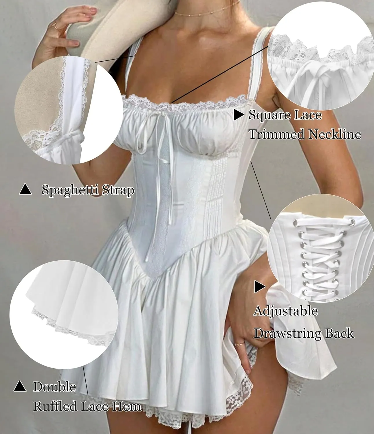 Women's Square Neck Spaghetti Strap Lace Dress Corset White A-Line Flare Boho Dress Party Club Cocktail Mini Dresses
