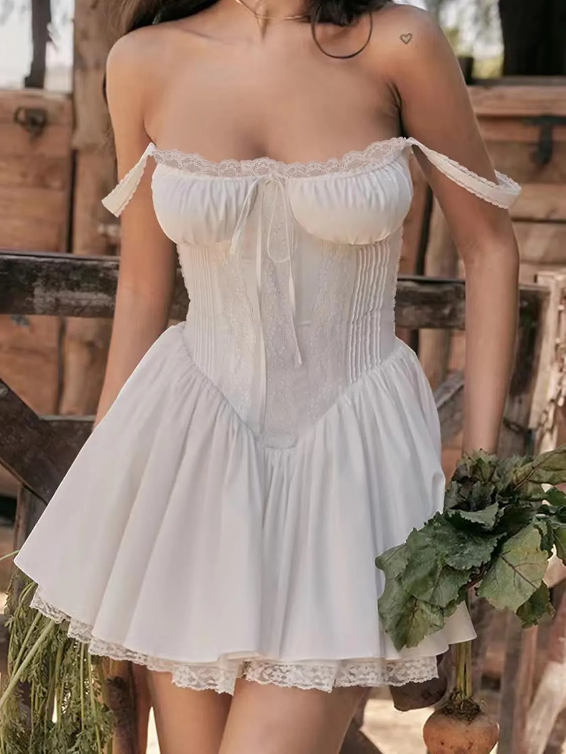 Women's Square Neck Spaghetti Strap Lace Dress Corset White A-Line Flare Boho Dress Party Club Cocktail Mini Dresses