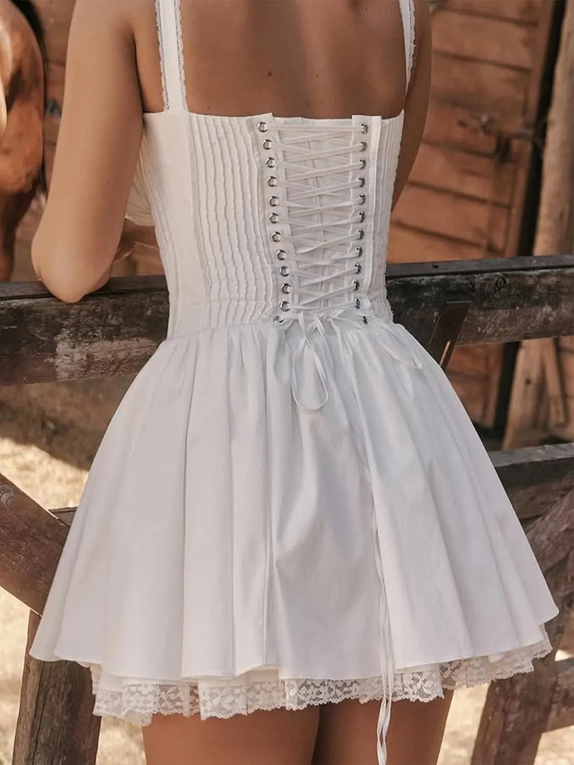 Women's Square Neck Spaghetti Strap Lace Dress Corset White A-Line Flare Boho Dress Party Club Cocktail Mini Dresses