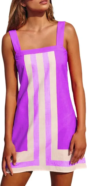 Women's Striped Mini Dress Fashion Boho Shoulder Strap Sundress Sleeveless Backless Beach Cover Up Dress for Beach