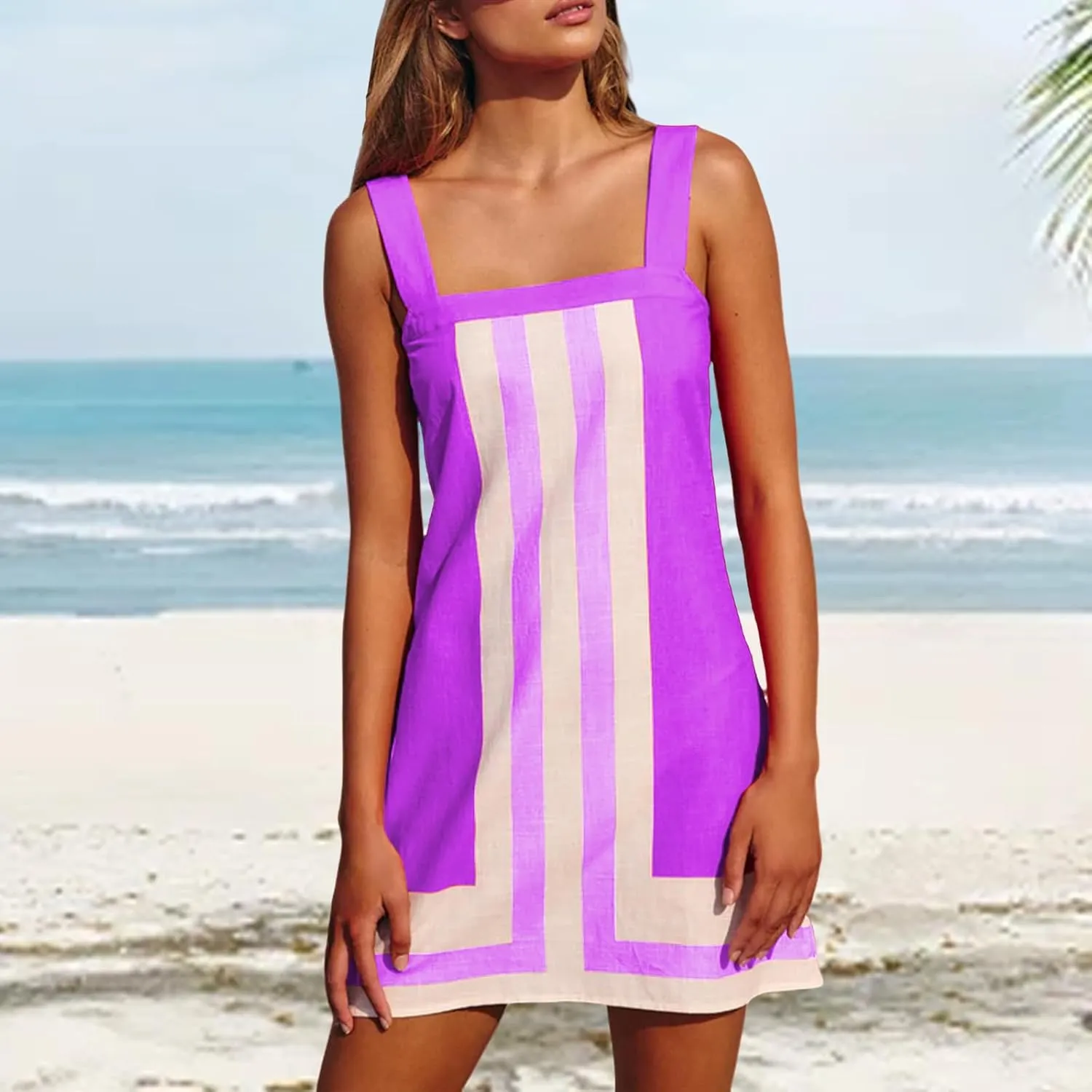 Women's Striped Mini Dress Fashion Boho Shoulder Strap Sundress Sleeveless Backless Beach Cover Up Dress for Beach