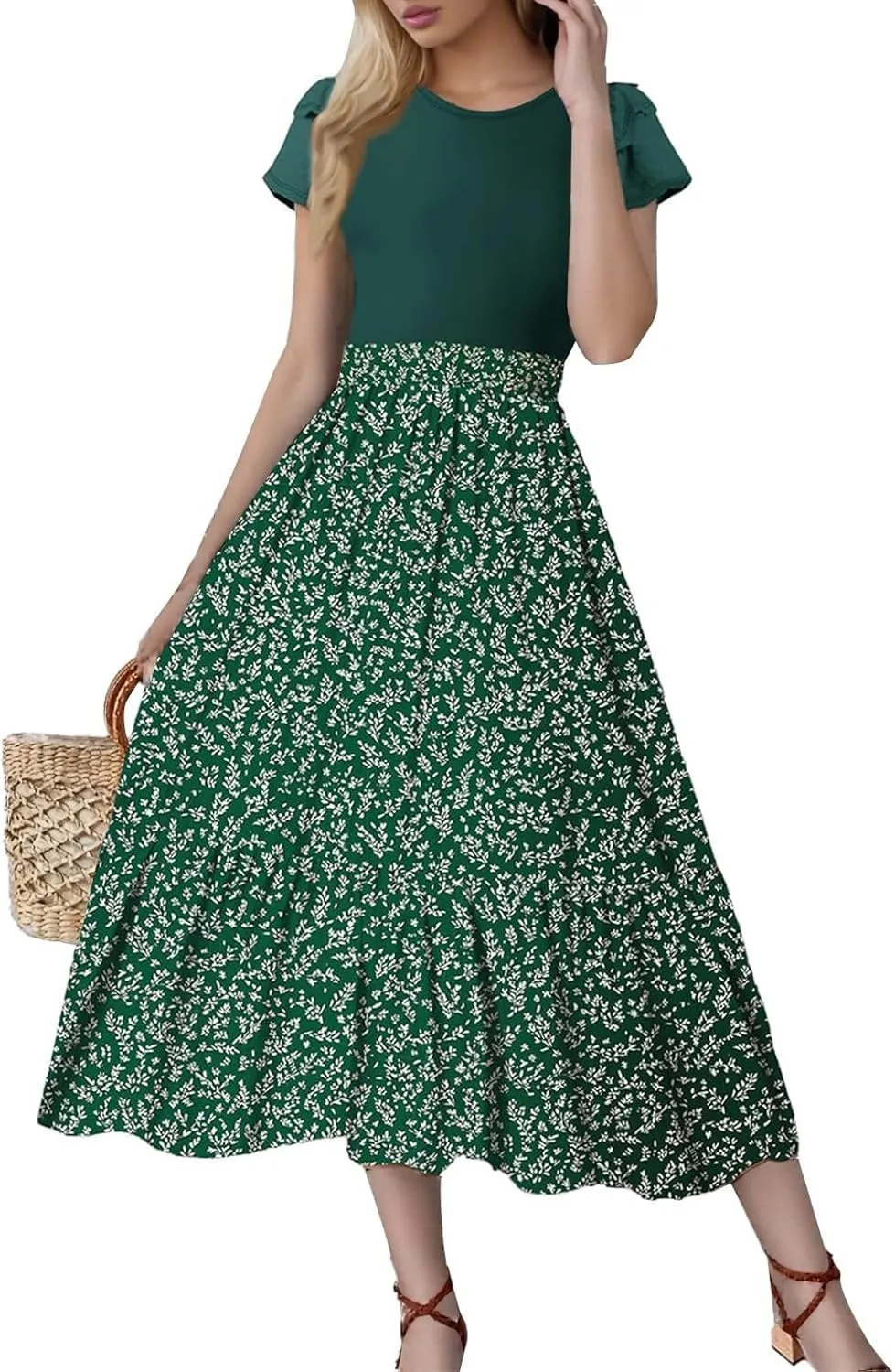 Women's Summer 2025 Elegant Floral Print High Waist Dress Ruffle Short Sleeve Casual A-Line Floral Print Long Flowy Dresses