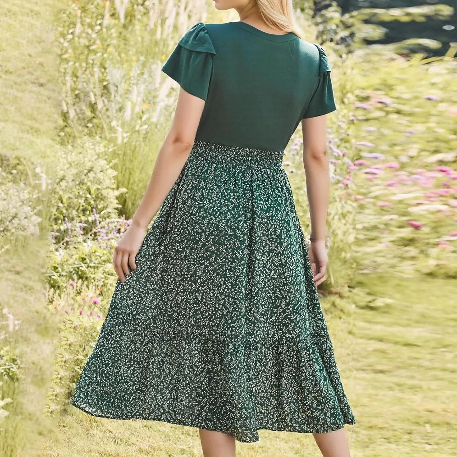 Women's Summer 2025 Elegant Floral Print High Waist Dress Ruffle Short Sleeve Casual A-Line Floral Print Long Flowy Dresses