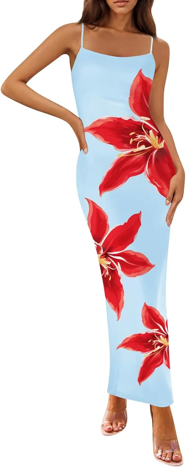 Womens Summer Bodycon Maxi Dresses 2025 Floral Spaghetti Strap Square Neck Sleeveless Boho Beach Long Sun Dress