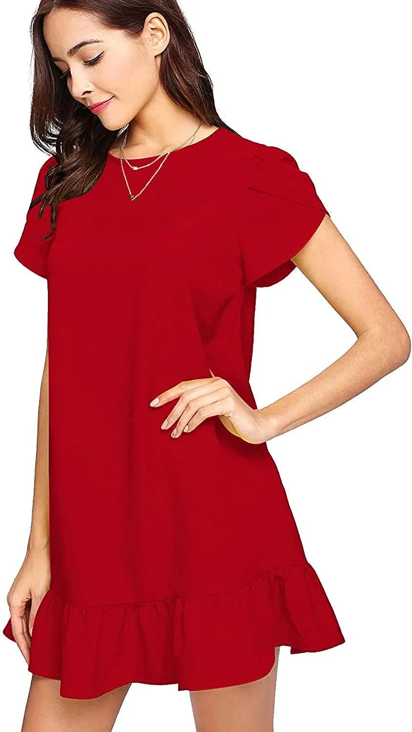 Women's Summer Casual Dresses Ruffle Hem Petal Short Sleeve Loose Swing Tunic Mini Dress