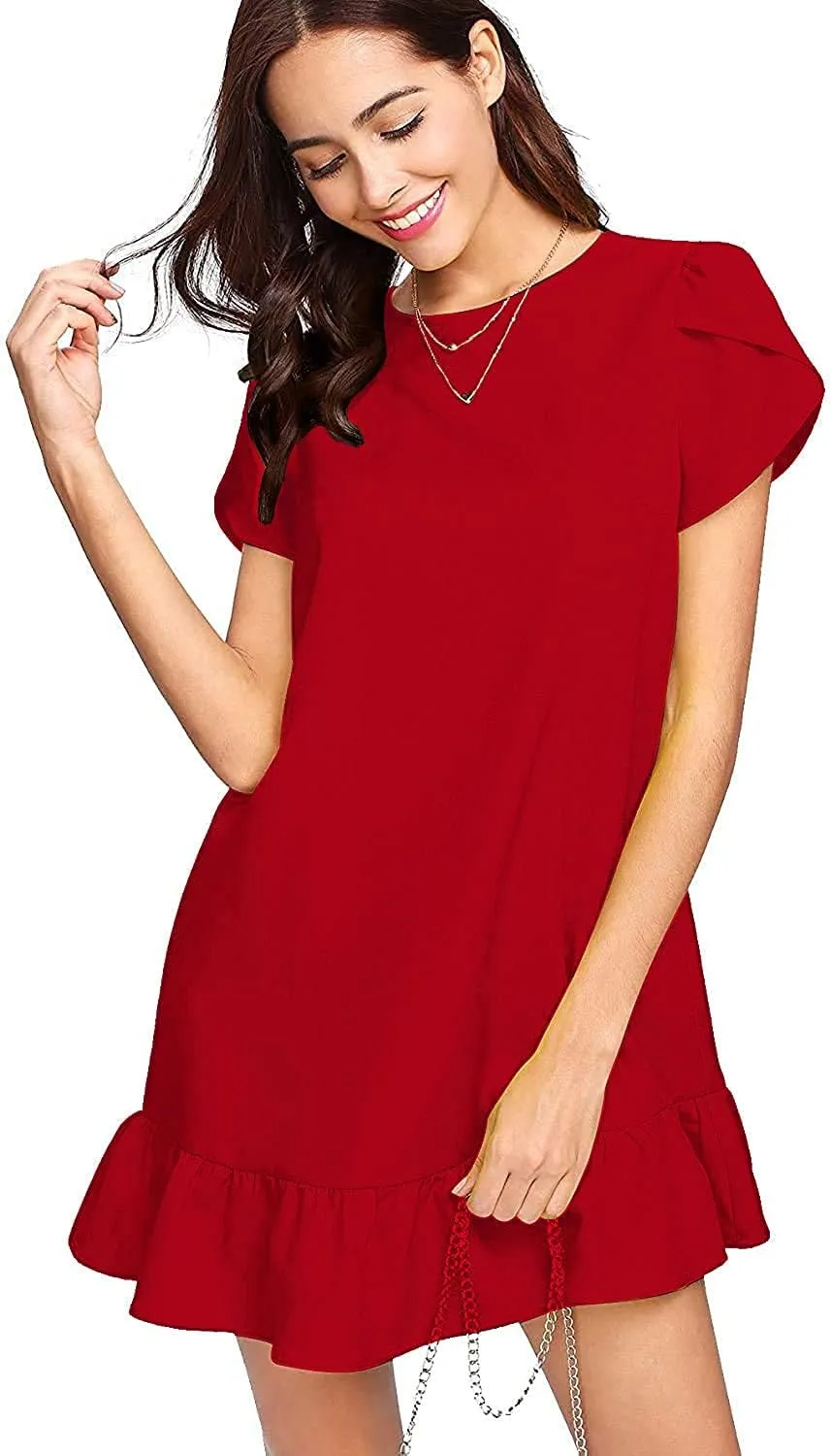 Women's Summer Casual Dresses Ruffle Hem Petal Short Sleeve Loose Swing Tunic Mini Dress