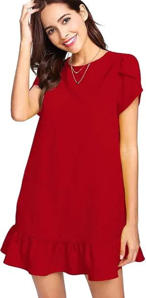 Women's Summer Casual Dresses Ruffle Hem Petal Short Sleeve Loose Swing Tunic Mini Dress