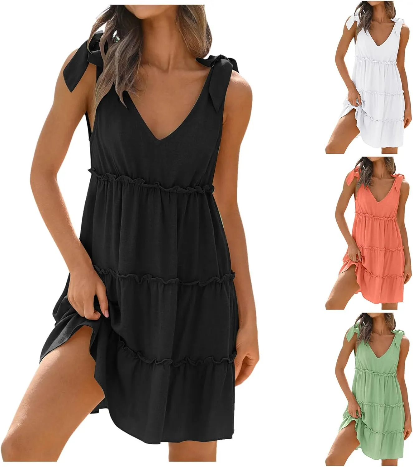 Womens Summer Casual V Neck Sleeveless Mini Dress 2024 Tie Shoulder Tiered Ruffle Swing A Line Short Sundresses Flowy