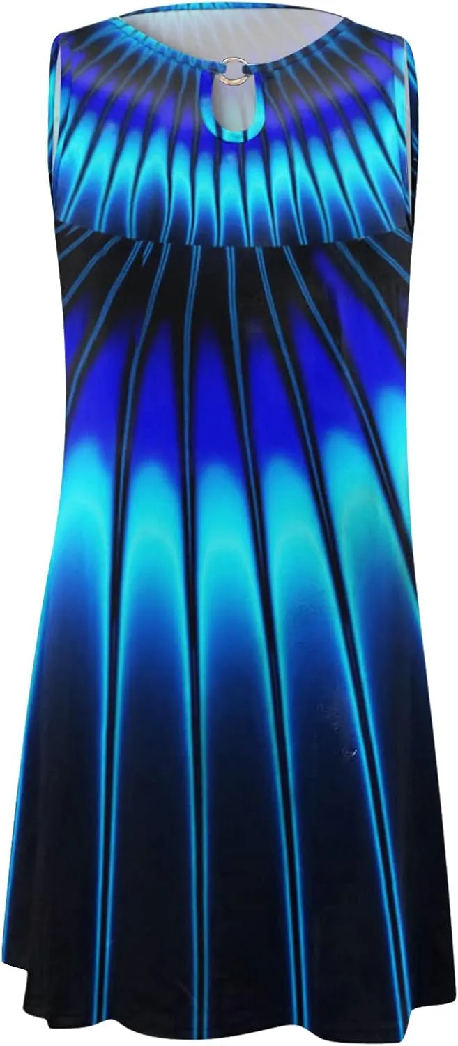 Women's Summer Dress Casual Sundresses Sleeveless Crew Neck Mini Short Dress Printed A-Line Boho Beach Dresses