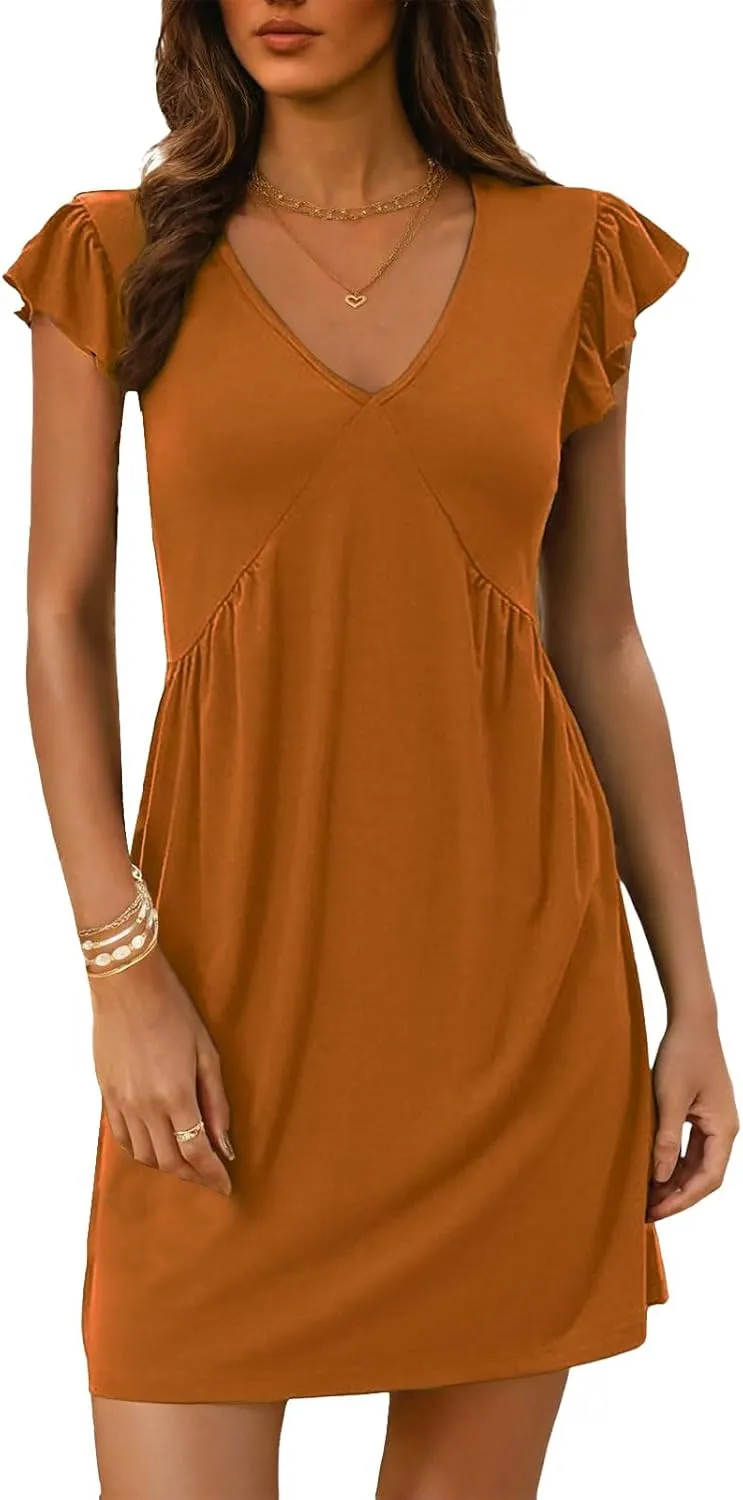 Womens Summer Dresses Casual Deep V Neck Loose Sundress Fashion Ruffle Sleeve Mini Dress Travel Vacation Dresses 2025