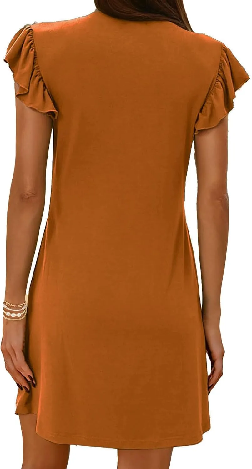 Womens Summer Dresses Casual Deep V Neck Loose Sundress Fashion Ruffle Sleeve Mini Dress Travel Vacation Dresses 2025
