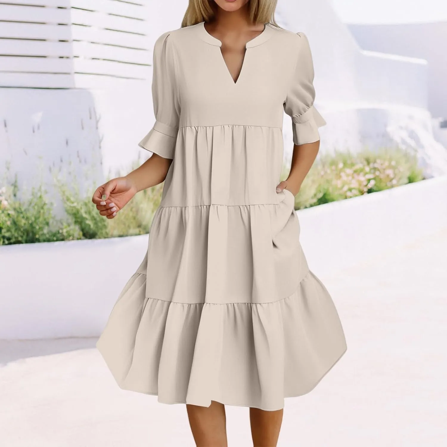 Womens Summer Dresses Casual Ruffle Short Sleeve V Neck Mini Dress Trendy Tiered Formal Dresses Loose Flowy Swing Dress