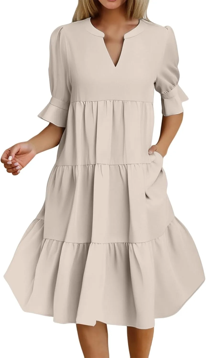 Womens Summer Dresses Casual Ruffle Short Sleeve V Neck Mini Dress Trendy Tiered Formal Dresses Loose Flowy Swing Dress