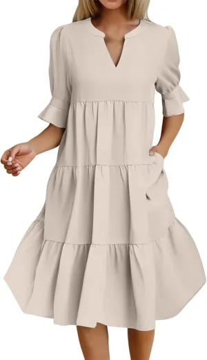 Womens Summer Dresses Casual Ruffle Short Sleeve V Neck Mini Dress Trendy Tiered Formal Dresses Loose Flowy Swing Dress