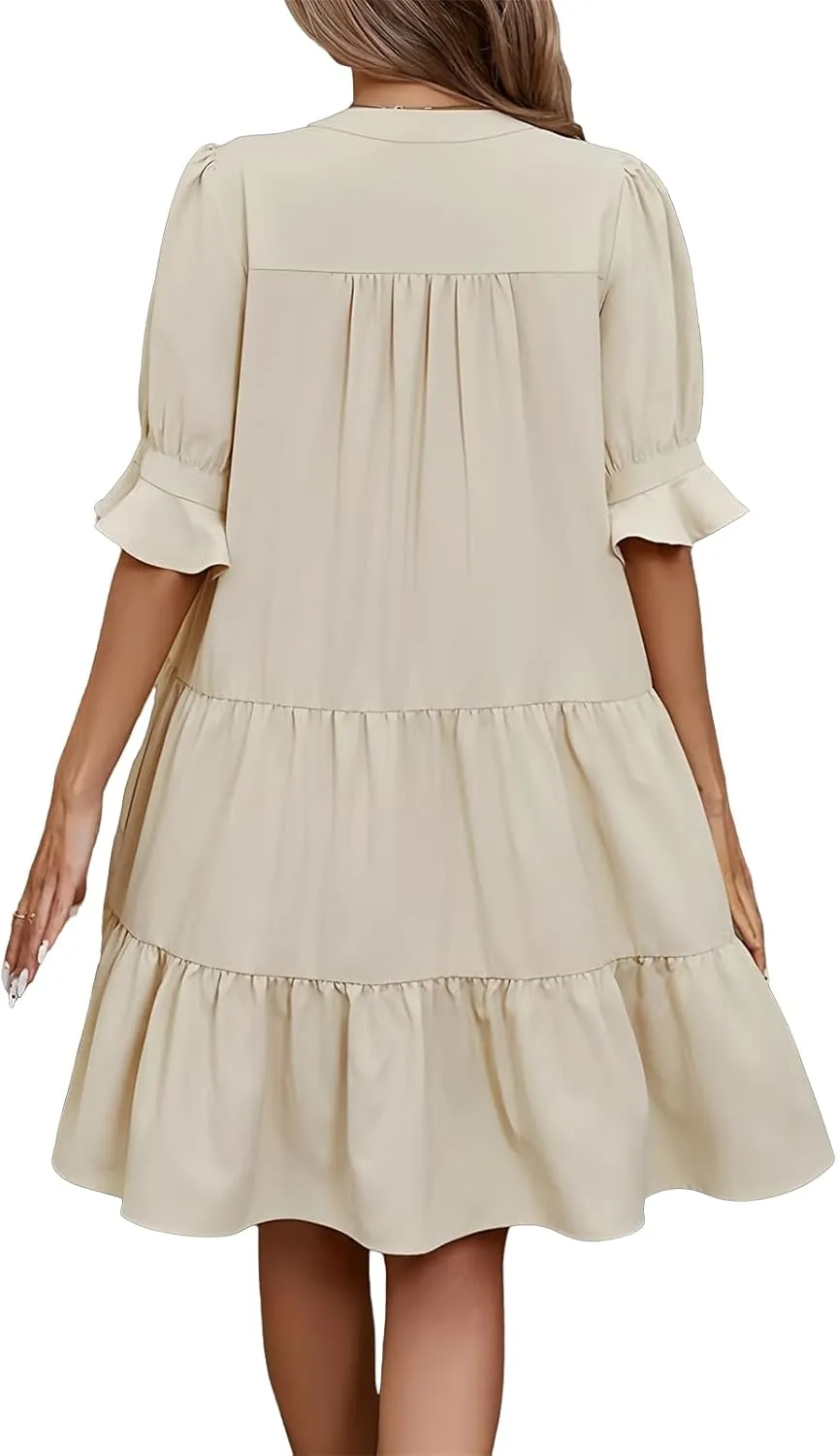 Womens Summer Dresses Casual Ruffle Short Sleeve V Neck Mini Dress Trendy Tiered Formal Dresses Loose Flowy Swing Dress