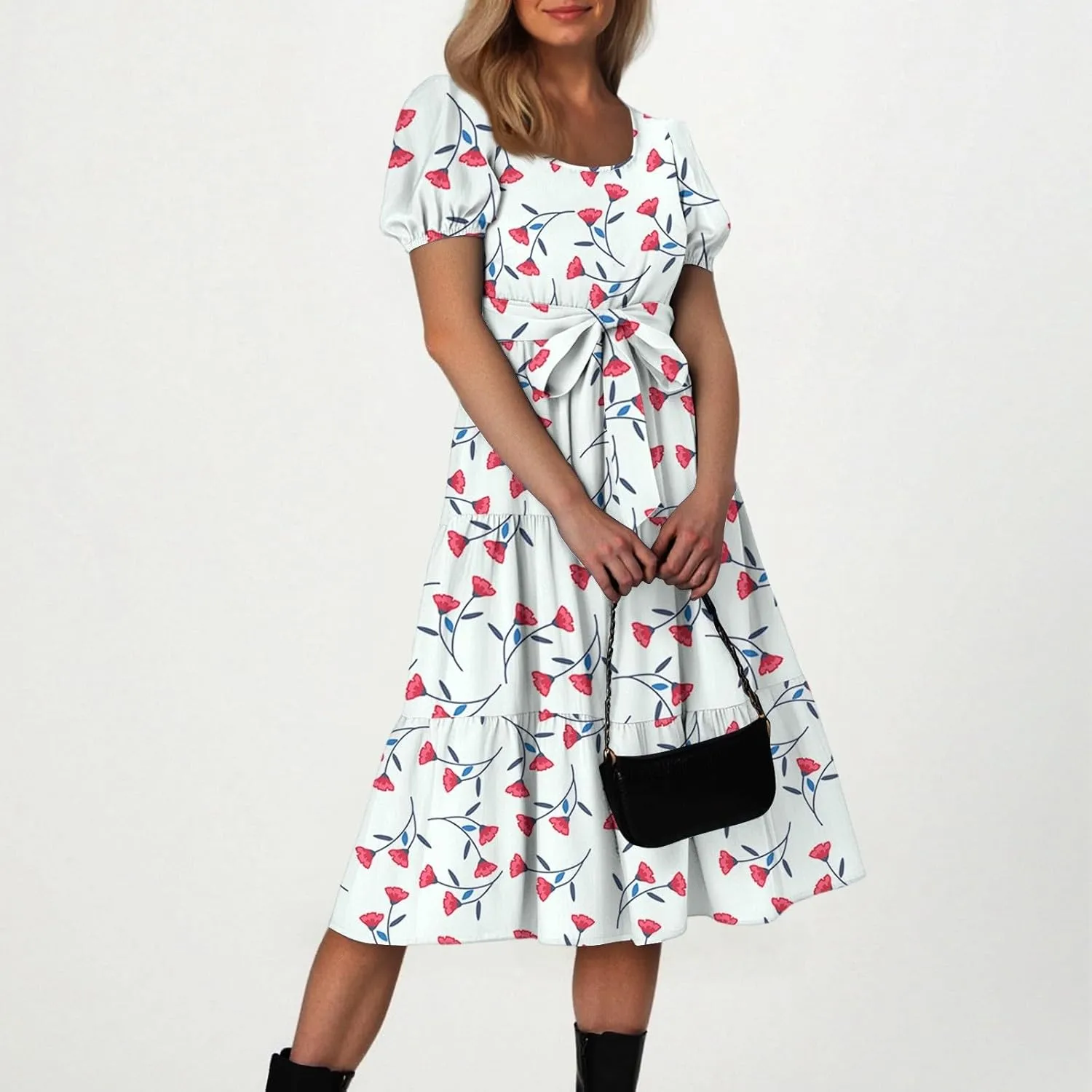 Women's Summer Floral Midi Dress with Puff Sleeves and Waist Tie Elegant Casual Flowy Dress