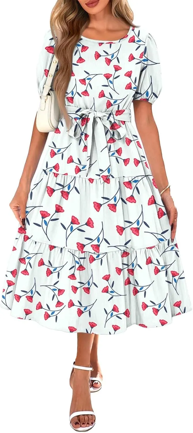 Women's Summer Floral Midi Dress with Puff Sleeves and Waist Tie Elegant Casual Flowy Dress