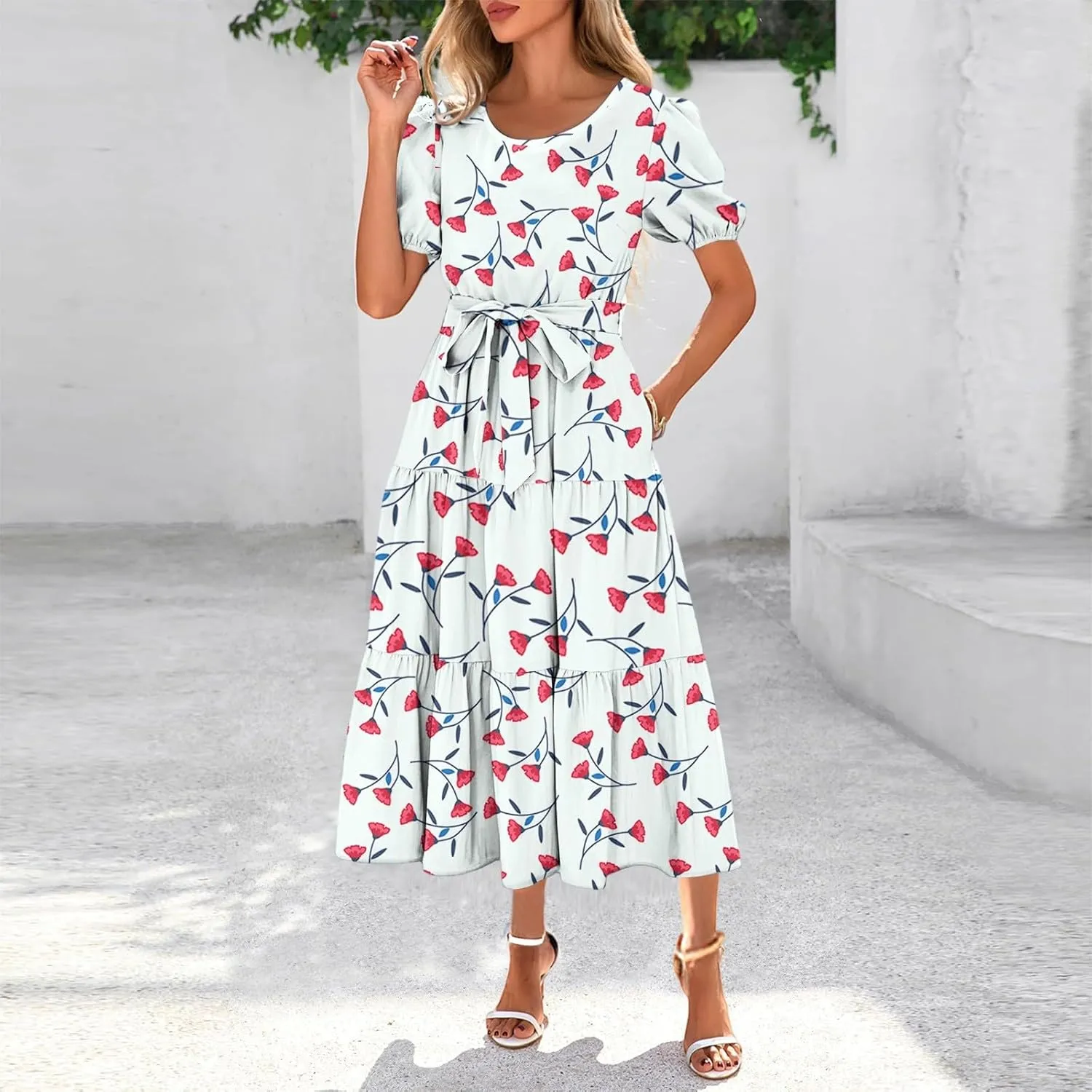 Women's Summer Floral Midi Dress with Puff Sleeves and Waist Tie Elegant Casual Flowy Dress