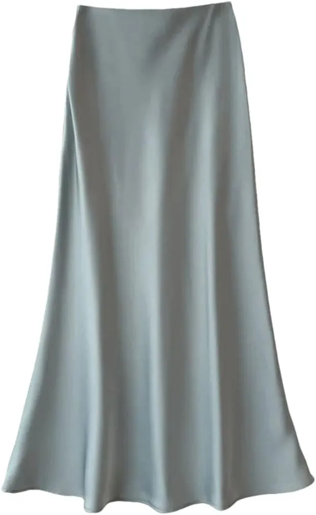 Women's Summer Midi Satin Skirt Elegant Casual High Waist A-Line Flowy Skirt