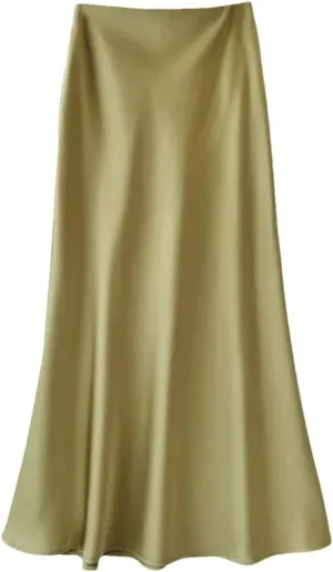 Women's Summer Midi Satin Skirt Elegant Casual High Waist A-Line Flowy Skirt