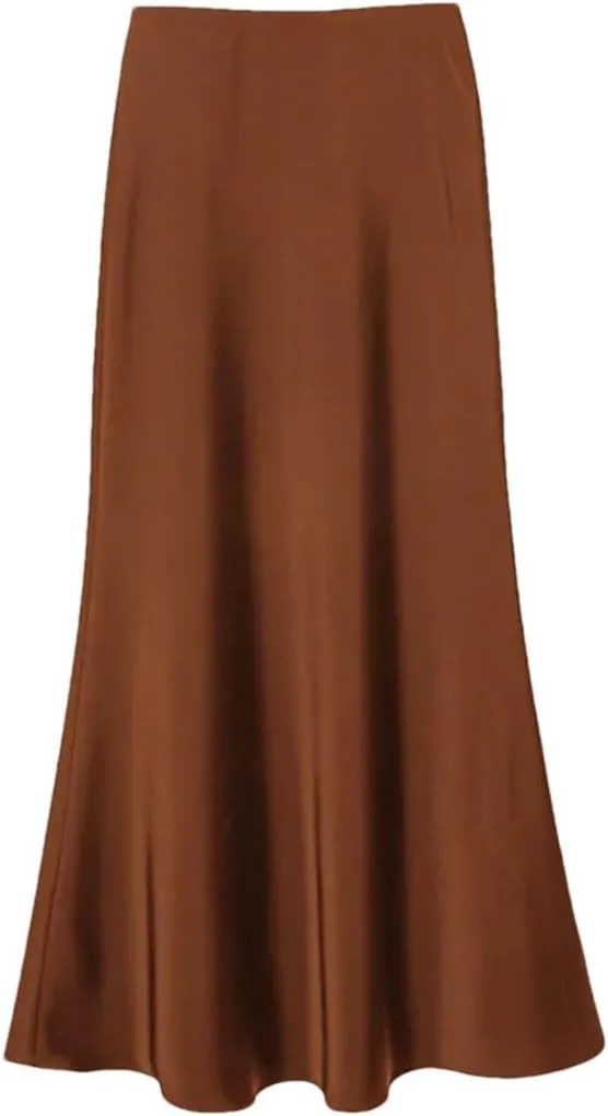 Women's Summer Midi Satin Skirt Elegant Casual High Waist A-Line Flowy Skirt