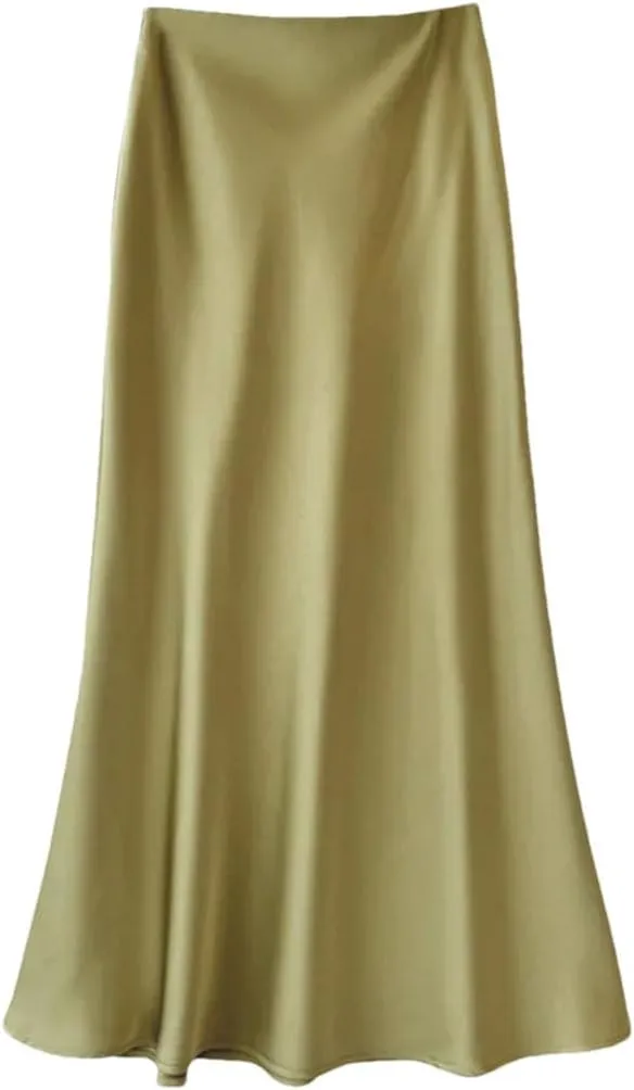 Women's Summer Midi Satin Skirt Elegant Casual High Waist A-Line Flowy Skirt