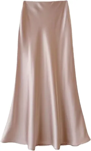 Women's Summer Midi Satin Skirt Elegant Casual High Waist A-Line Flowy Skirt