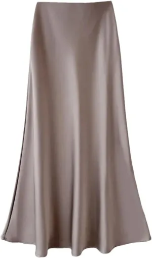 Women's Summer Midi Satin Skirt Elegant Casual High Waist A-Line Flowy Skirt