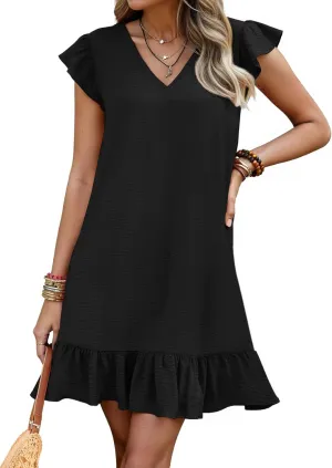 Women's Summer Mini Dress Flutter Sleeve V Neck Casual Loose Swimsuit Cover Up Flowy Ruffle Beach Vacation Sundresses