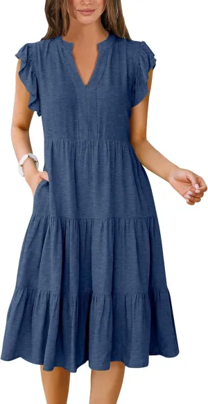 Womens Summer Ruffle Sleeve V Neck Midi Dress 2024 Fashion Casual Fit Flowy Tiered Boho Beach Vacation Sundress