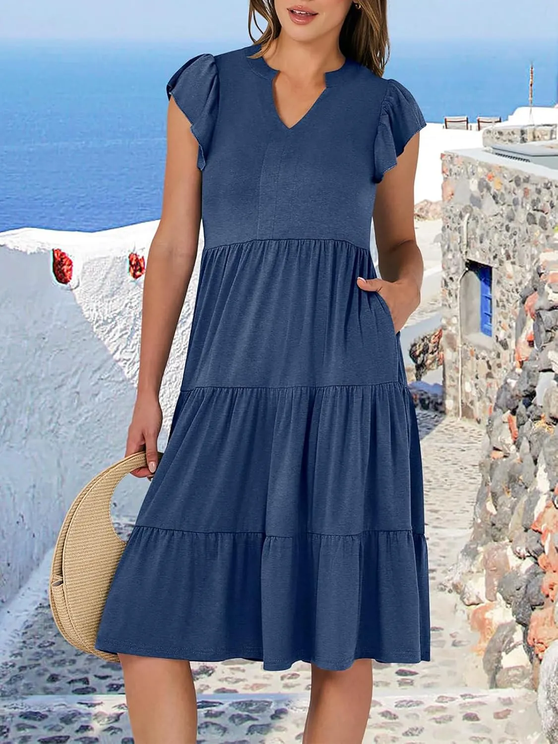 Womens Summer Ruffle Sleeve V Neck Midi Dress 2024 Fashion Casual Fit Flowy Tiered Boho Beach Vacation Sundress