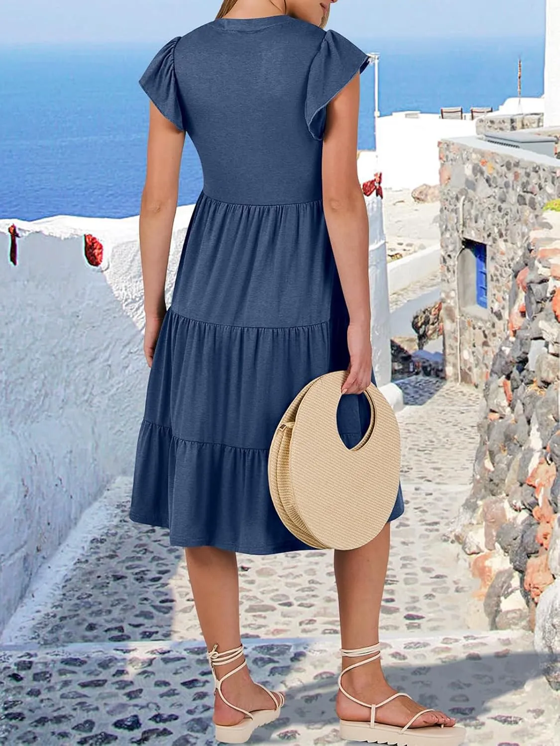 Womens Summer Ruffle Sleeve V Neck Midi Dress 2024 Fashion Casual Fit Flowy Tiered Boho Beach Vacation Sundress