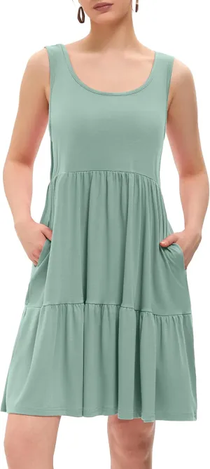 Women's Summer Tank Dress Casual Sleeveless Crewneck T Shirt Sundress Flowy Tiered Swing Mini Beach Vacation Dresses
