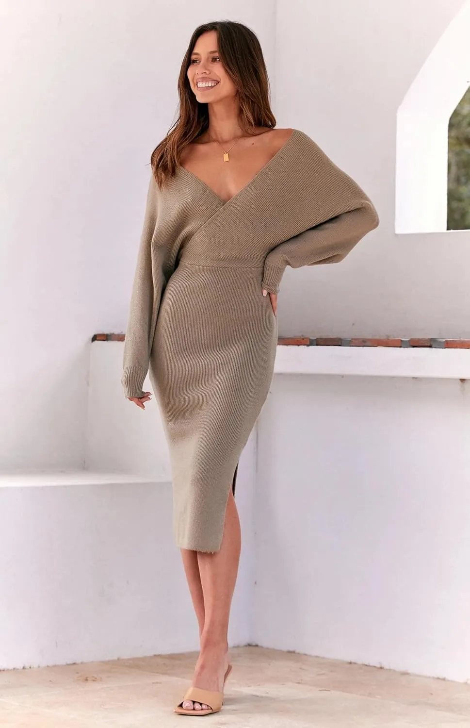 Women's Sweater Dress Long Batwing Sleeve Wrap V Neck Open Back Split Bodycon Dresses Winter Fall