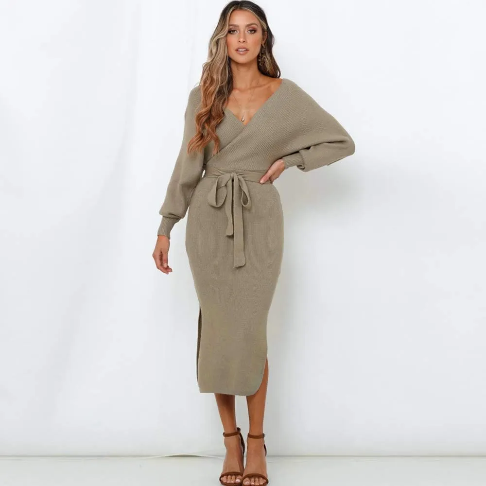 Women's Sweater Dress Long Batwing Sleeve Wrap V Neck Open Back Split Bodycon Dresses Winter Fall