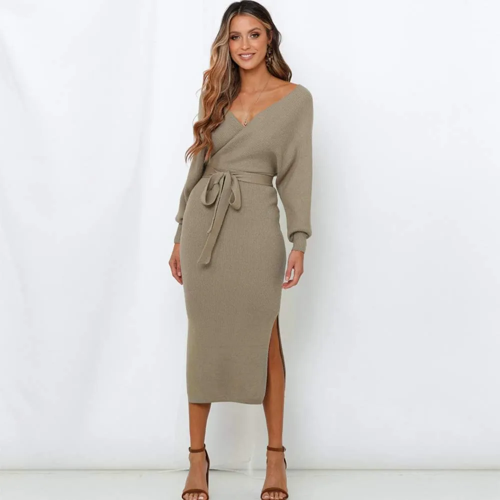 Women's Sweater Dress Long Batwing Sleeve Wrap V Neck Open Back Split Bodycon Dresses Winter Fall