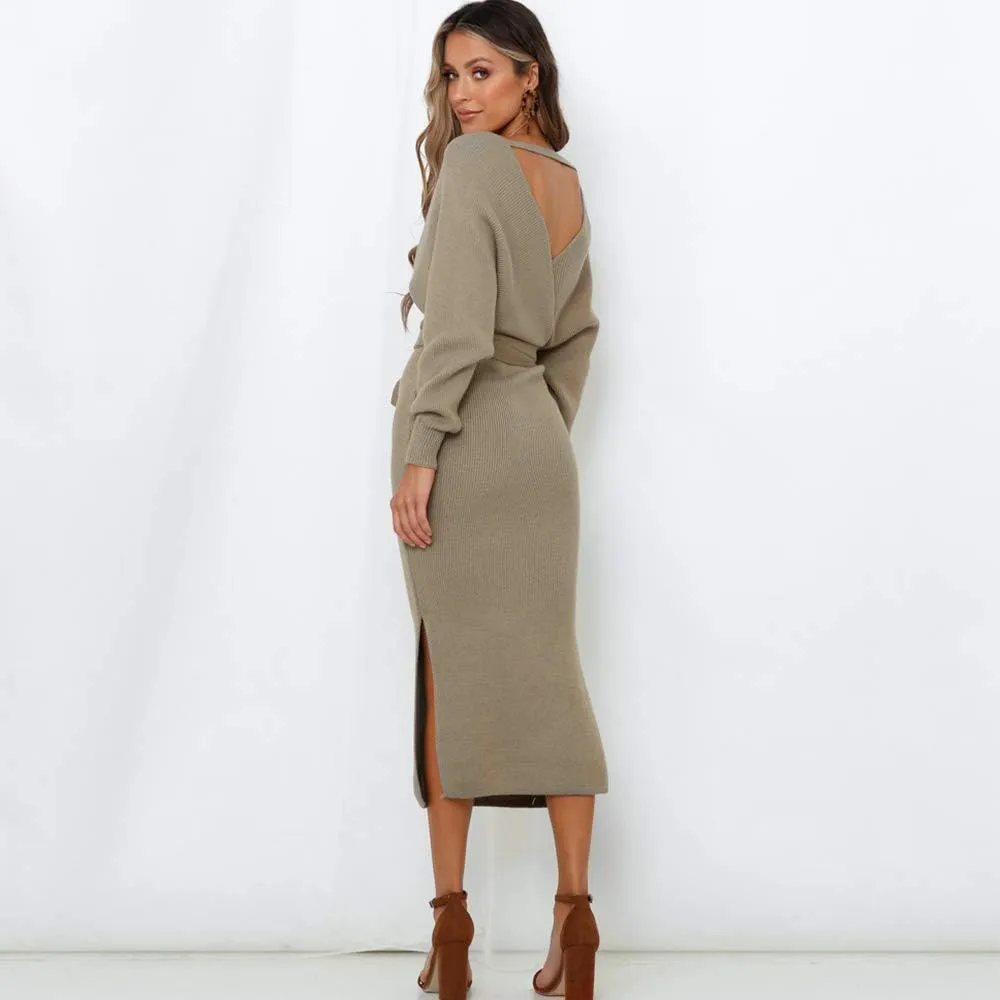 Women's Sweater Dress Long Batwing Sleeve Wrap V Neck Open Back Split Bodycon Dresses Winter Fall