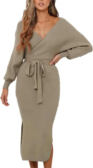Women's Sweater Dress Long Batwing Sleeve Wrap V Neck Open Back Split Bodycon Dresses Winter Fall